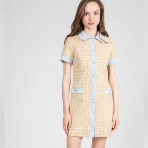 NWT Sandro Mella Embroidered Tweed Mini Dress Natural / Gold 36 XS